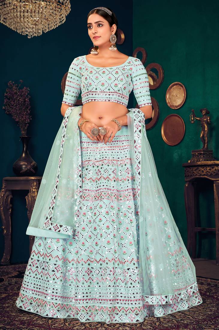 Sky blue Multi-thread with gota patti Embroidered Georgette Wedding & Party Lehenga