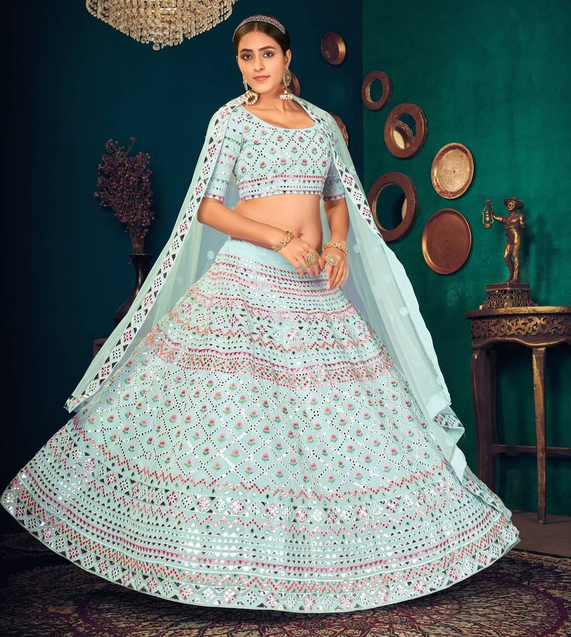 Sky blue Multi-thread with gota patti Embroidered Georgette Wedding & Party Lehenga