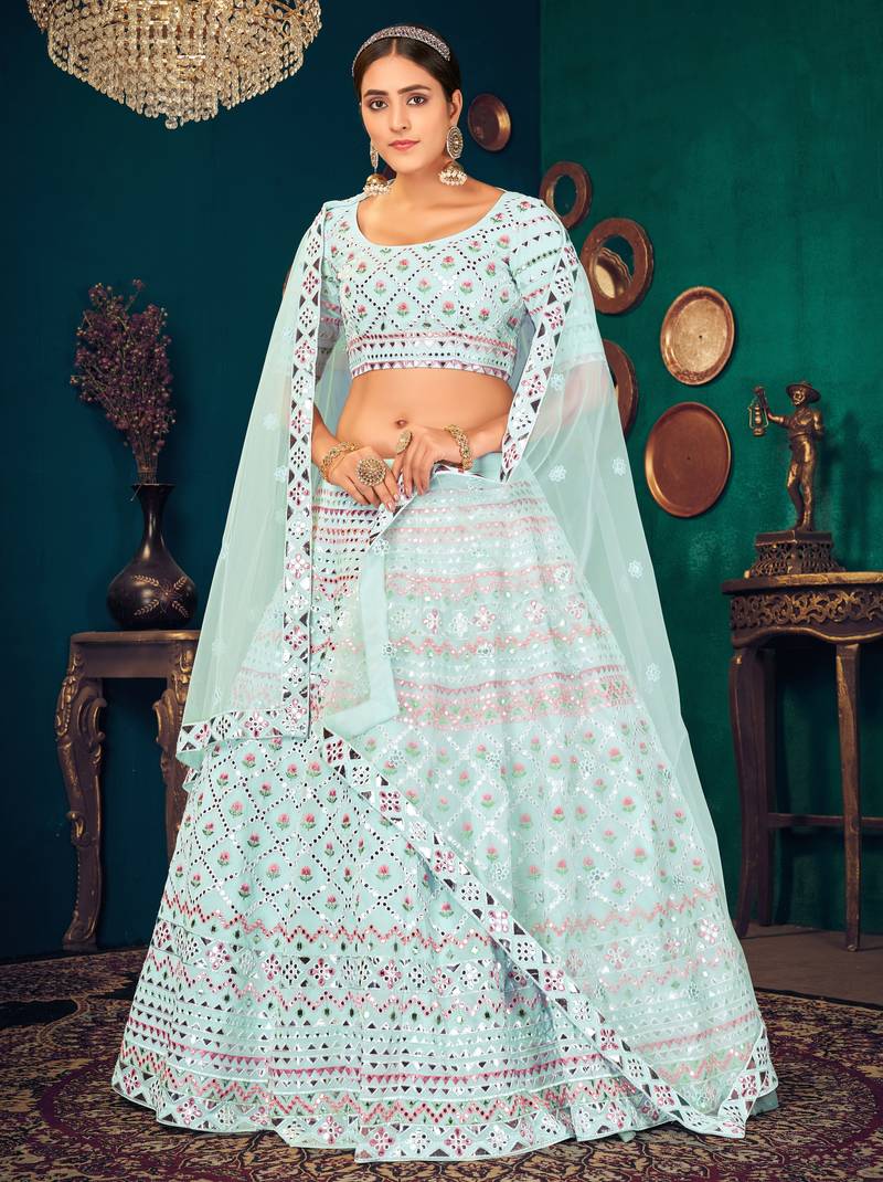 Sky blue Multi-thread with gota patti Embroidered Georgette Wedding & Party Lehenga