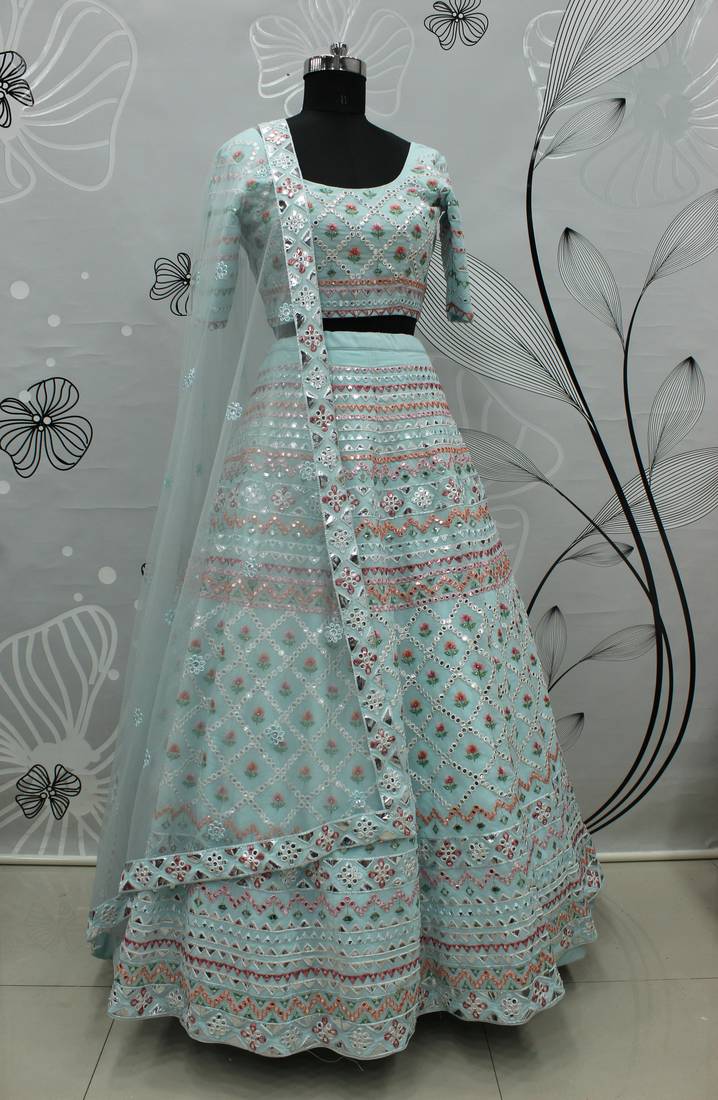 Sky blue Multi-thread with gota patti Embroidered Georgette Wedding & Party Lehenga