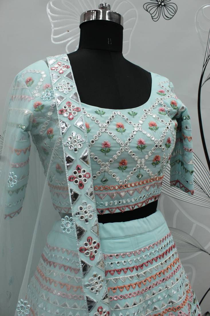 Sky blue Multi-thread with gota patti Embroidered Georgette Wedding & Party Lehenga