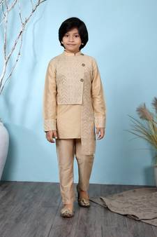 Beige embroidered banarasi silk boys-kurta &-pyjama