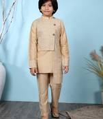 Beige embroidered banarasi silk boys-kurta &-pyjama
