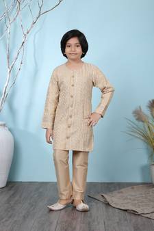 Beige embroidered banarasi silk boys-kurta &-pyjama