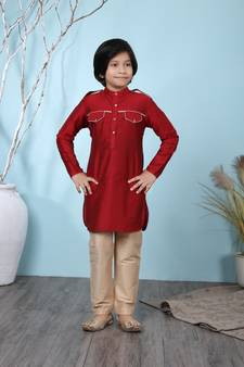 Maroon plain cotton silk boys-kurta &-pyjama