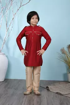 Maroon plain cotton silk boys-kurta &-pyjama