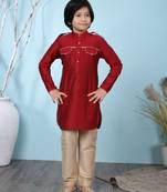 Maroon plain cotton silk boys-kurta &-pyjama