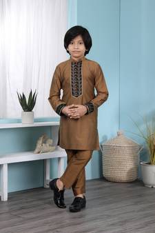 Brown embroidered cotton silk boys-kurta &-pyjama