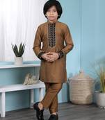 Brown embroidered cotton silk boys-kurta &-pyjama