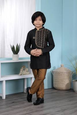 Black embroidered cotton silk boys-kurta &-pyjama 1