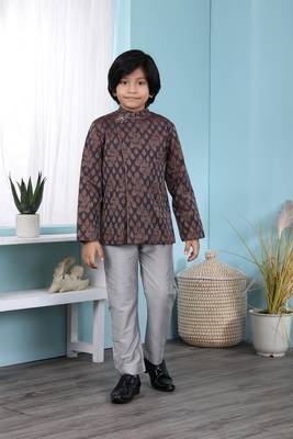 Brown printed banarasi silk boys-sherwani 1