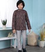 Brown printed banarasi silk boys-sherwani