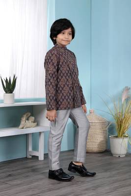 Brown printed banarasi silk boys-sherwani 3