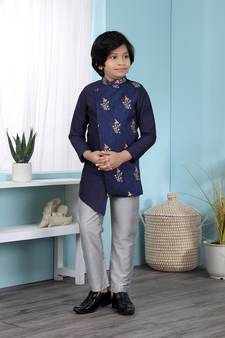 Blue embroidered jacquard boys-sherwani
