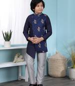 Blue embroidered jacquard boys-sherwani