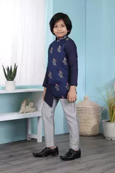 Blue embroidered jacquard boys-sherwani