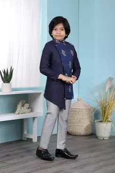 Blue embroidered jacquard boys-sherwani