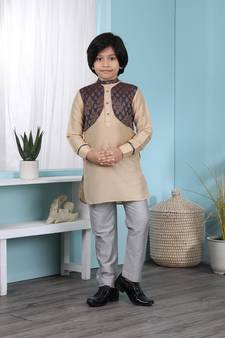 Beige embroidered cotton silk boys-kurta &-pyjama