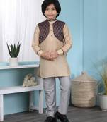 Beige embroidered cotton silk boys-kurta &-pyjama