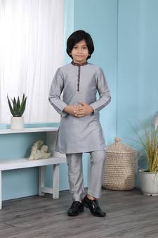 Grey plain cotton silk boys-kurta &-pyjama