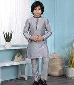 Grey plain cotton silk boys-kurta &-pyjama