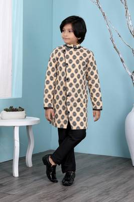 Beige printed banarasi silk boys-sherwani 1