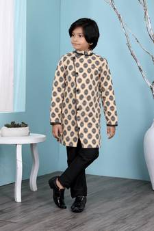 Beige printed banarasi silk boys-sherwani