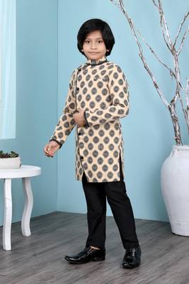 Beige printed banarasi silk boys-sherwani 2