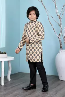 Beige printed banarasi silk boys-sherwani