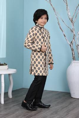 Beige printed banarasi silk boys-sherwani 3