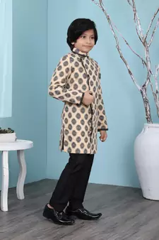 Beige printed banarasi silk boys-sherwani