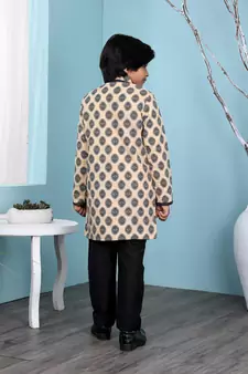 Beige printed banarasi silk boys-sherwani