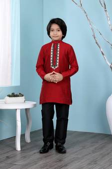 Maroon embroidered cotton silk boys-kurta &-pyjama