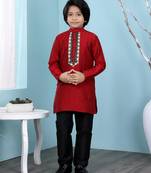 Maroon embroidered cotton silk boys-kurta &-pyjama