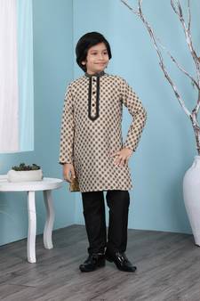 Beige printed banarasi silk boys-kurta &-pyjama