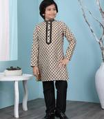 Beige printed banarasi silk boys-kurta &-pyjama