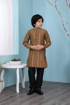 Brown plain cotton silk boys-kurta &-pyjama