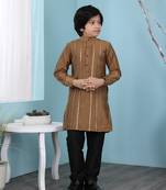 Brown plain cotton silk boys-kurta &-pyjama