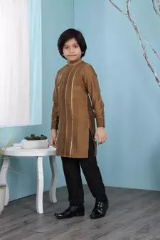 Brown plain cotton silk boys-kurta &-pyjama