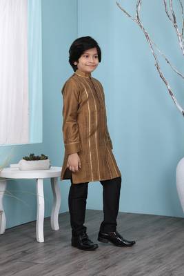 Brown plain cotton silk boys-kurta &-pyjama 3