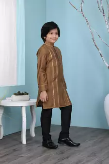 Brown plain cotton silk boys-kurta &-pyjama