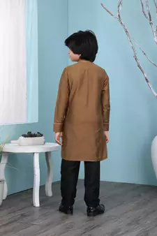 Brown plain cotton silk boys-kurta &-pyjama
