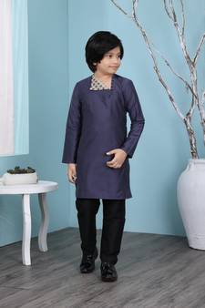 Blue plain cotton silk boys-kurta &-pyjama