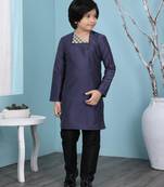 Blue plain cotton silk boys-kurta &-pyjama