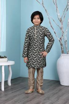 Green printed banarasi silk boys-kurta &-pyjama