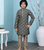 Green printed banarasi silk boys-kurta &-pyjama