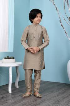 Brown plain cotton silk boys-kurta &-pyjama