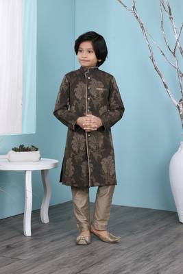 Brown printed banarasi silk boys-sherwani 1