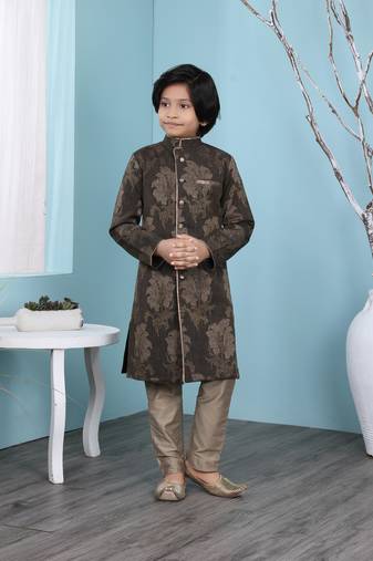 Brown printed banarasi silk boys-sherwani