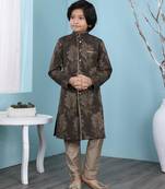 Brown printed banarasi silk boys-sherwani
